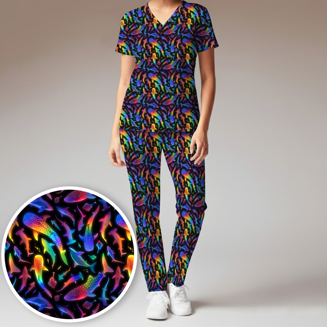 Vibrant Rainbow Shark Pattern Scrub Set, Scrub Pants and V Neck Top
