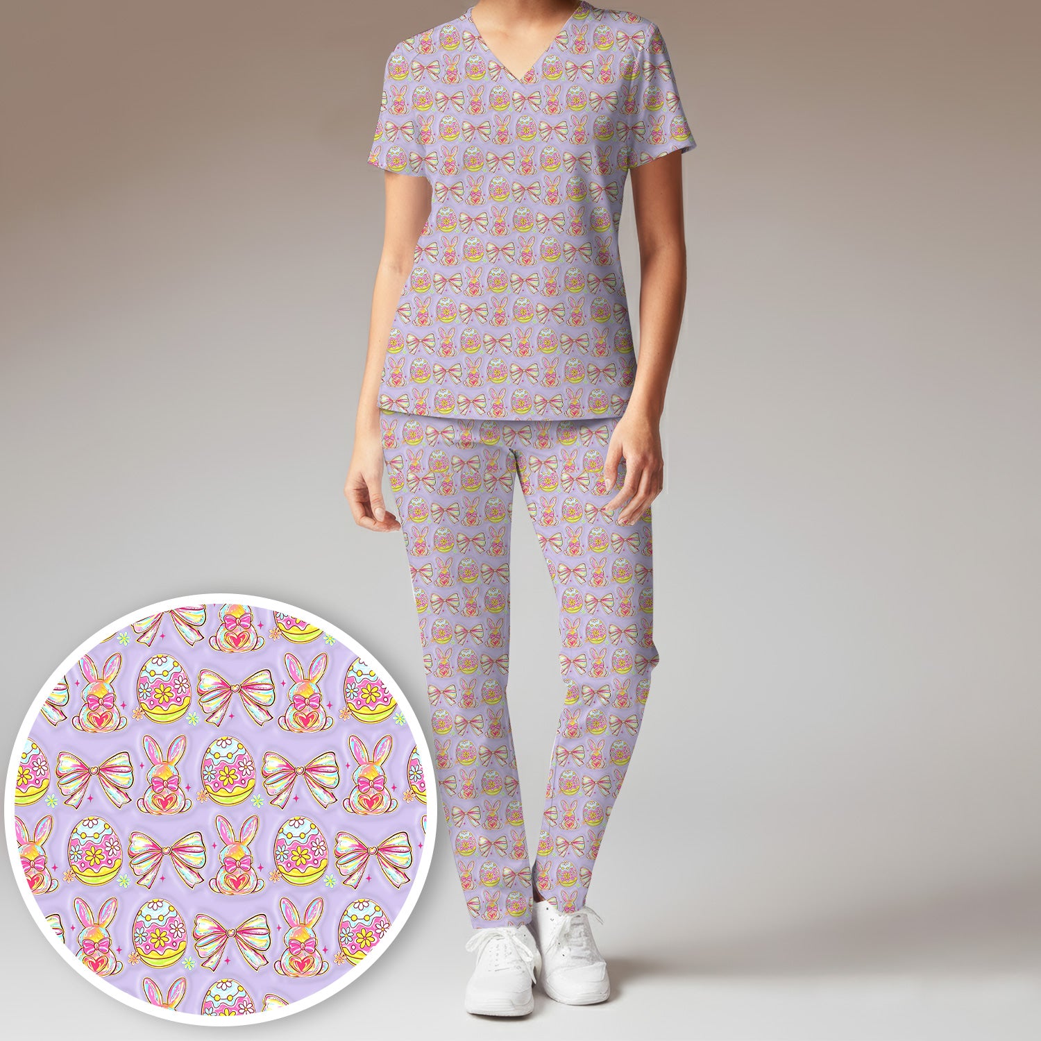 Easter Bunny Pastel Egg Bow Pattern Scrub Set, Breathable Med Uniform