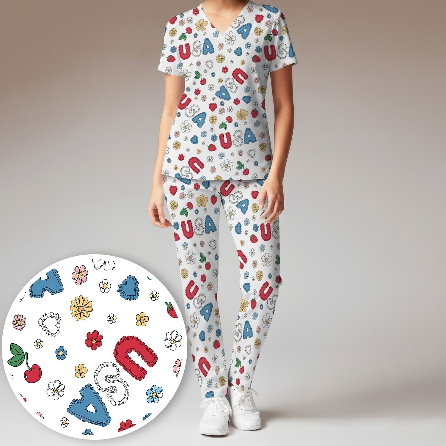 USA Cherry Strawberry Floral Patch Pattern Scrub Set, Scrub Pants and V Neck Top