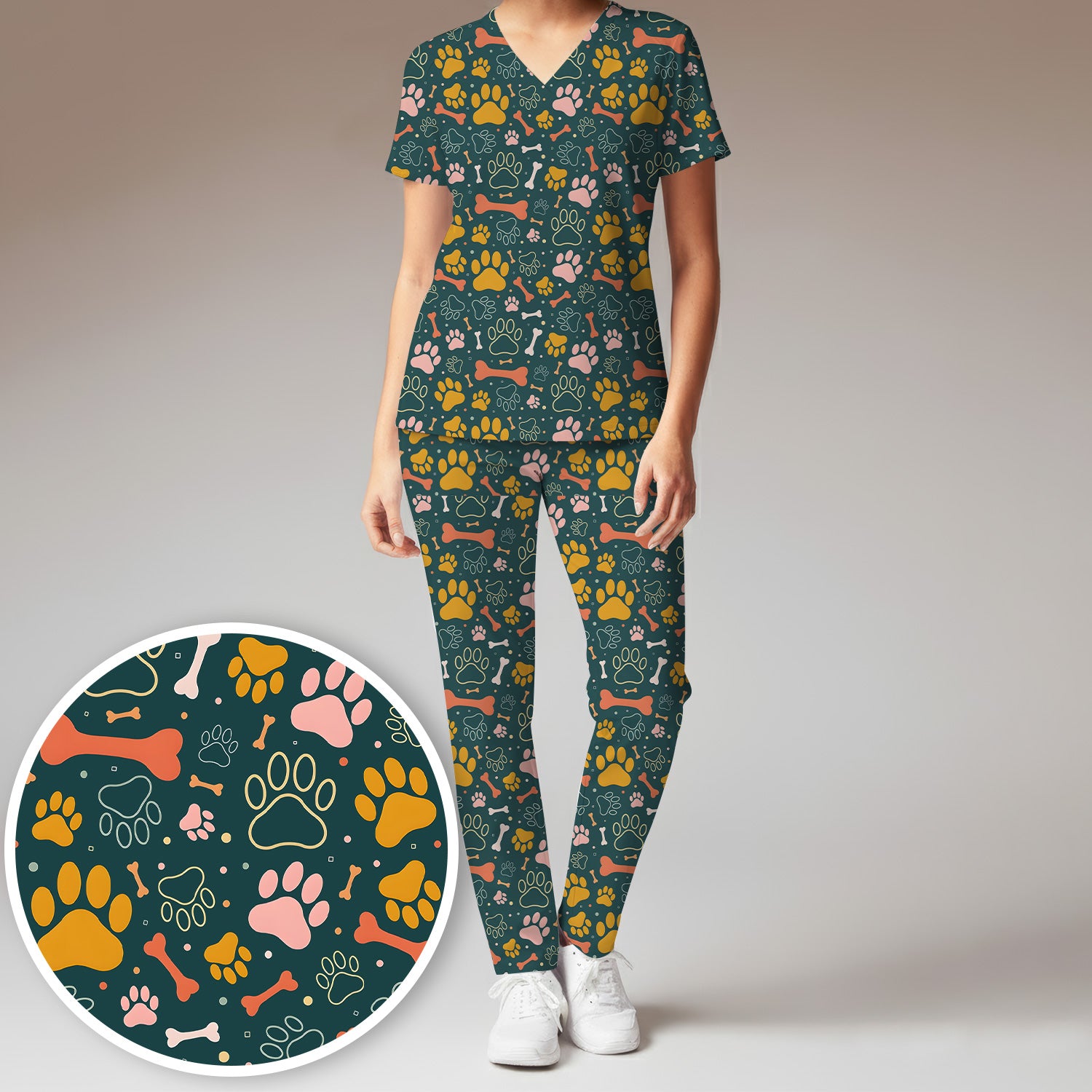 Cute Paw Print Dog Pattern Scrub Set, Breathable Med Uniform