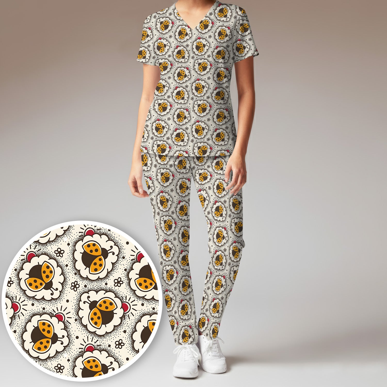 Cute Ladybug in Floral Frame Pattern Scrub Set, Breathable Med Uniform