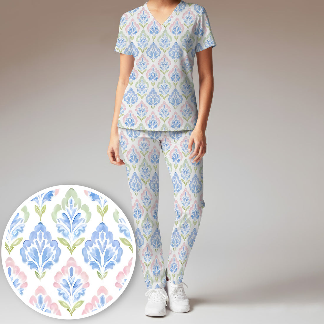 Blue Floral Damask Pattern Scrub Set, Women's Scrub Sets