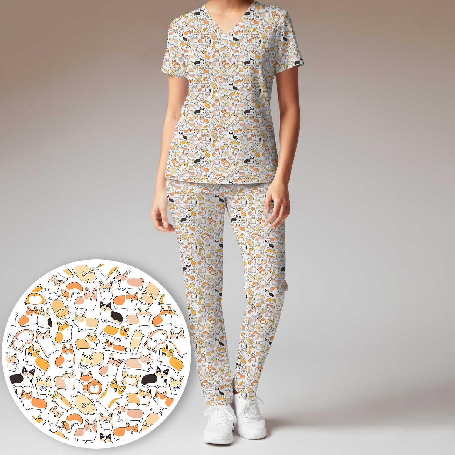 Cute Corgi Dog All Over Print Scrub Set, Scrub Pants and V Neck Top