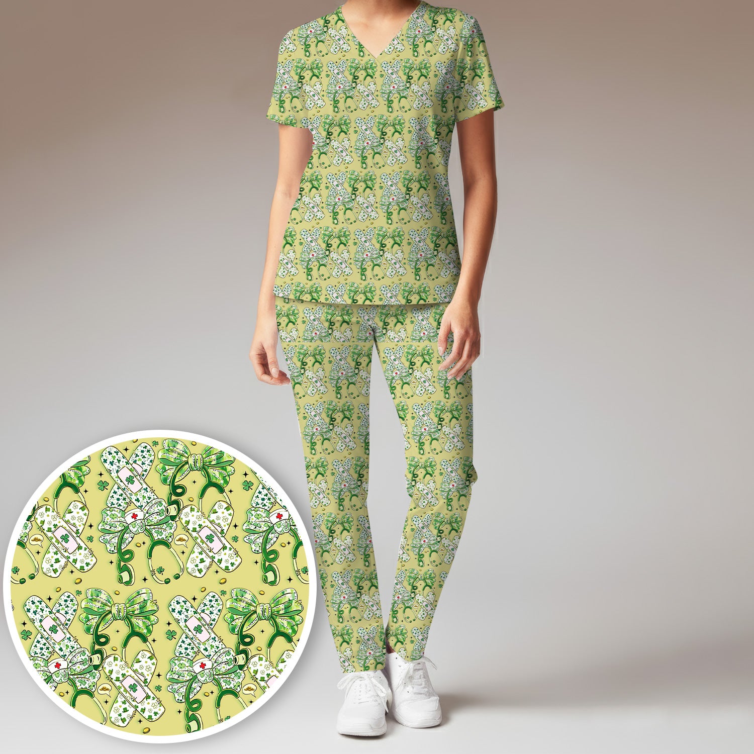St Patrick Shamrock Stethoscope Bow Print Scrub Set, Breathable Med Uniform