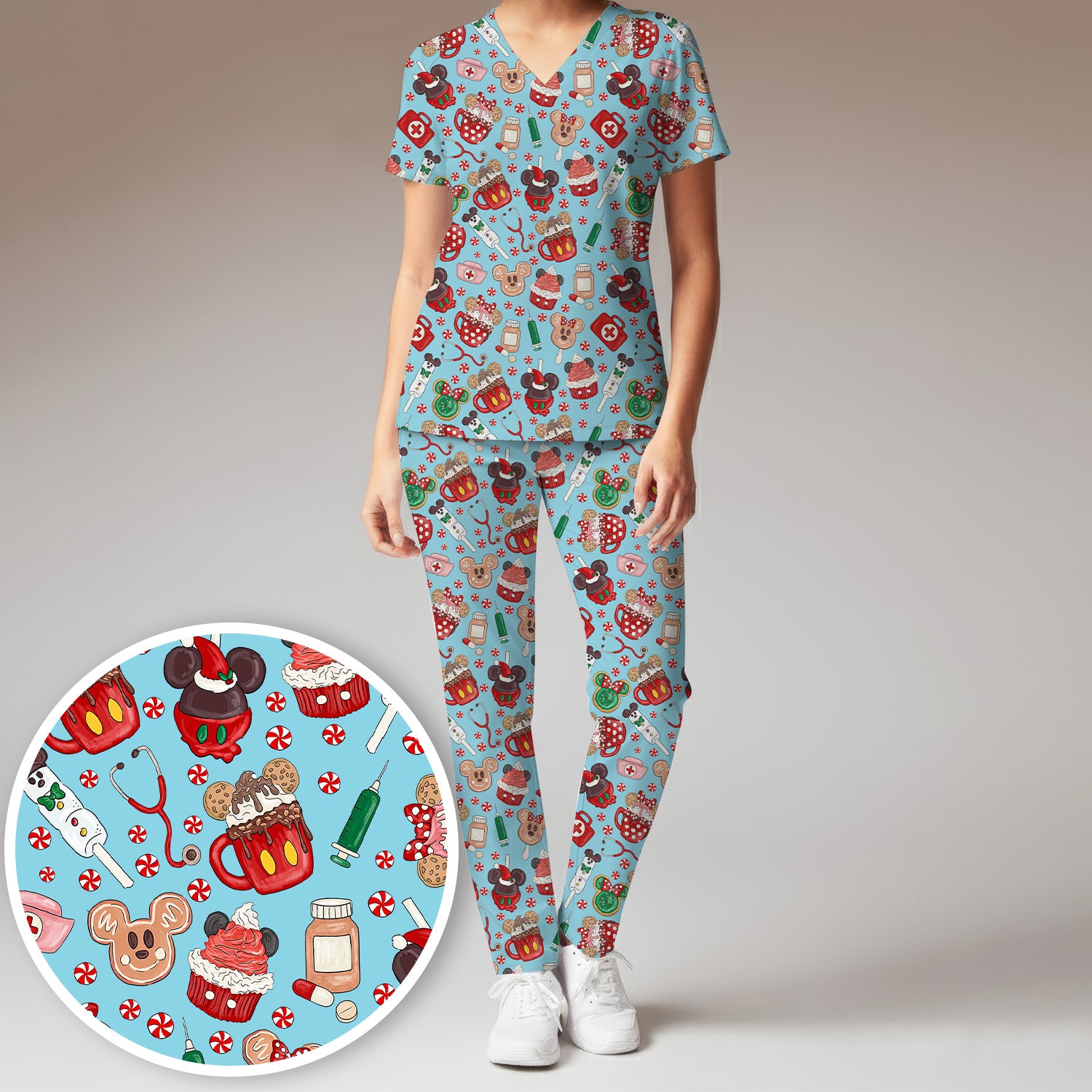 Gingerbread Christmas Comfortable Scrub Set for Nurses - Funny Cookies Candy Cupcake Pants and V Neck Top - Holiday Med Uniform