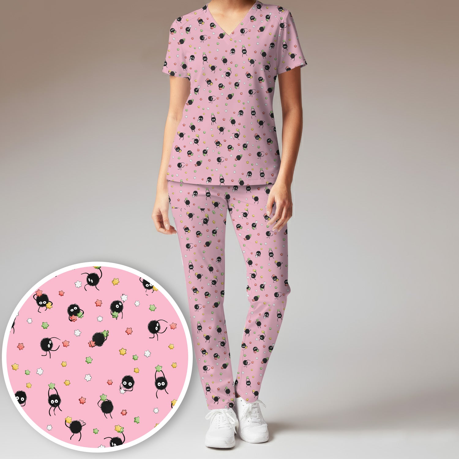 Funny Spider Pattern Pattern Pattern Scrub Set, Cartoon Spider Pattern Nursing Uniform For Women