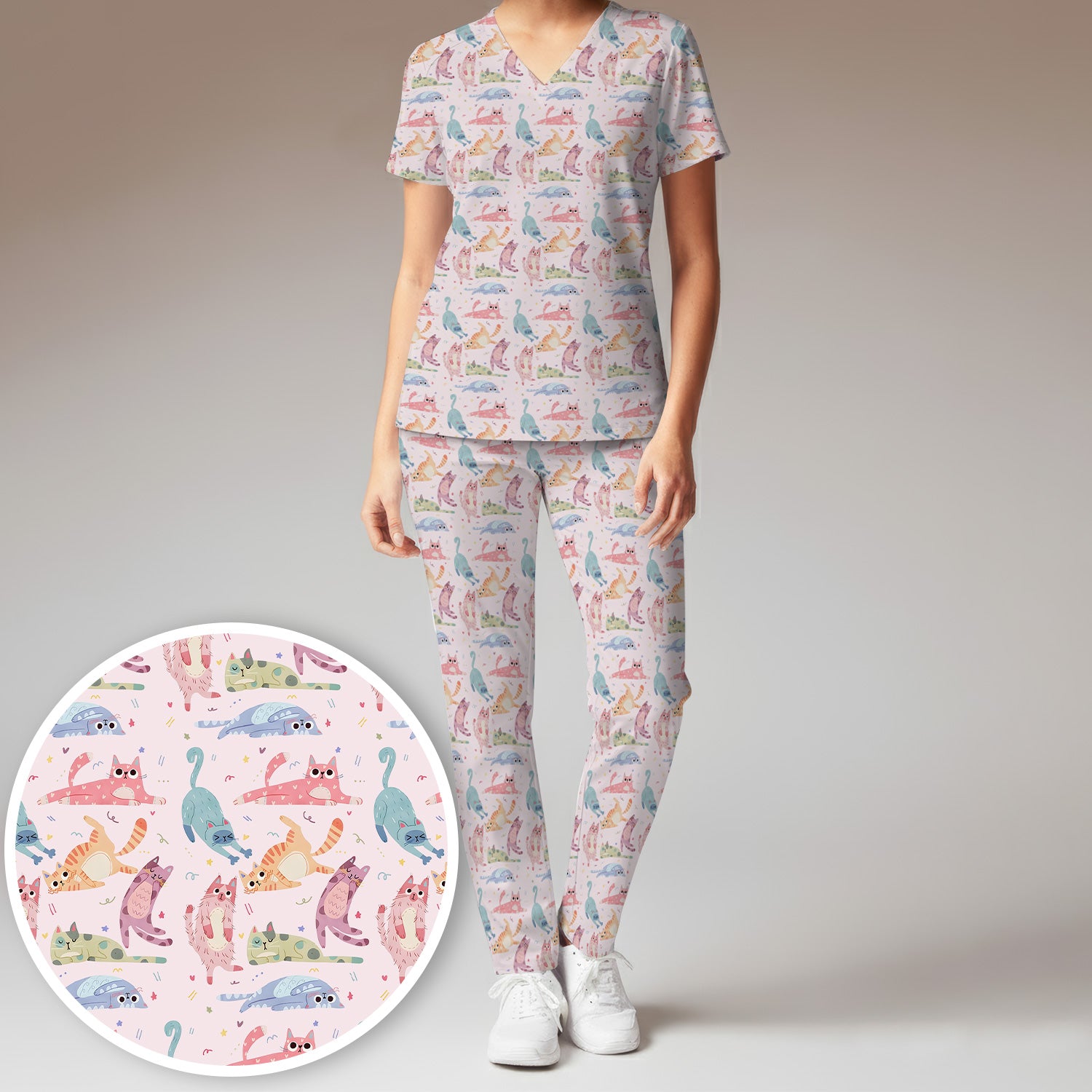 Funny Pastel Cat Pattern Medical Scrub Set, Breathable Fabrics Nursing Uniform
