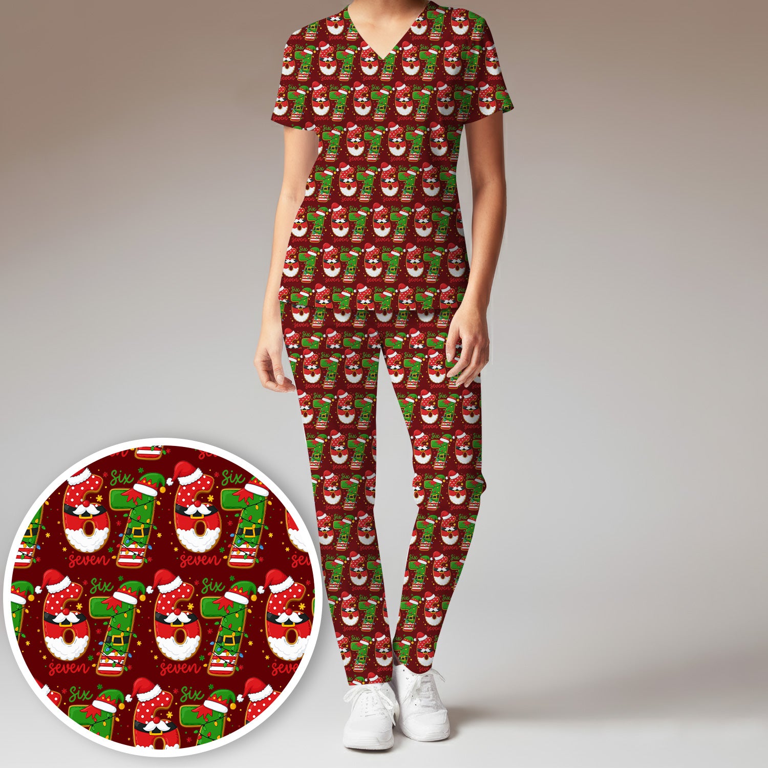 Christmas 67 Pattern Scrub Top, Festive Holiday Medical Uniform Shirt For Nursing