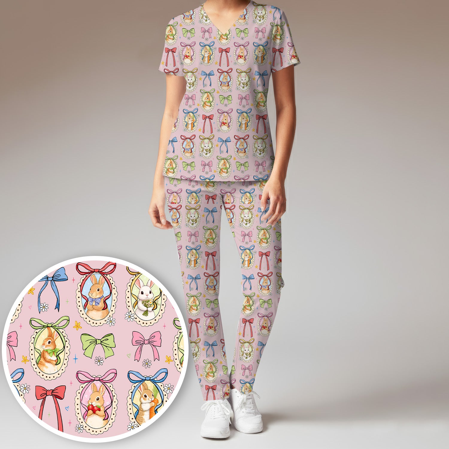 Cute Easter Bunny Cameo Colorful Bow Pattern Scrub Set, Breathable Med Uniform