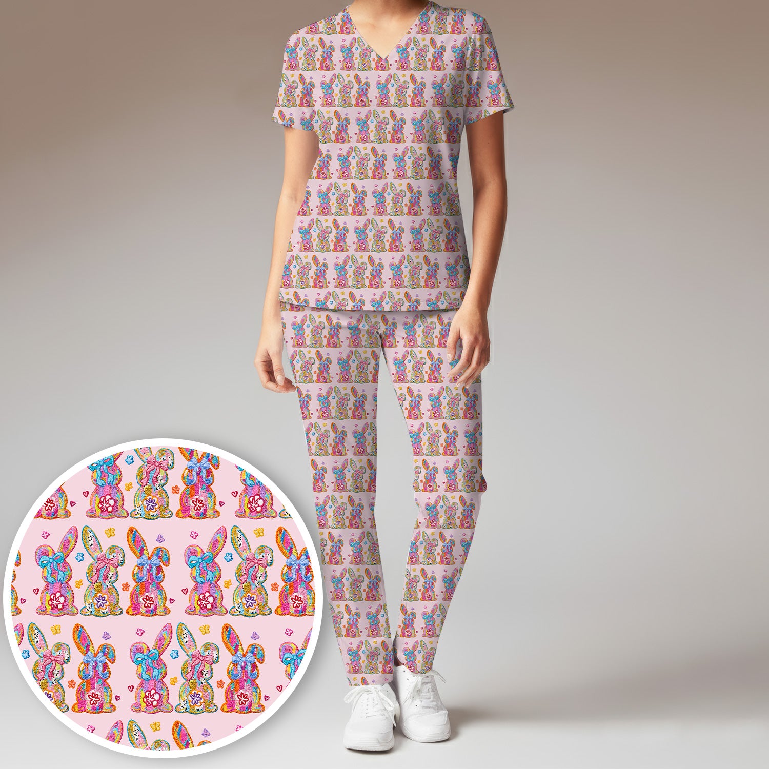 Cute Pastel Bunny Floral Pattern Scrub Set, Breathable Med Uniform