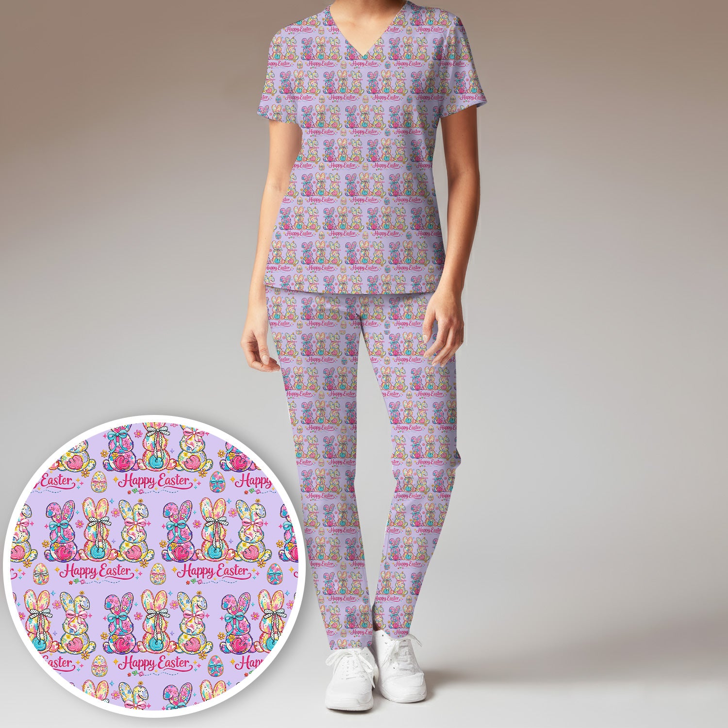 Pink Happy Easter Bunny Pattern Scrub Set, Scrub Pants and V Neck Top