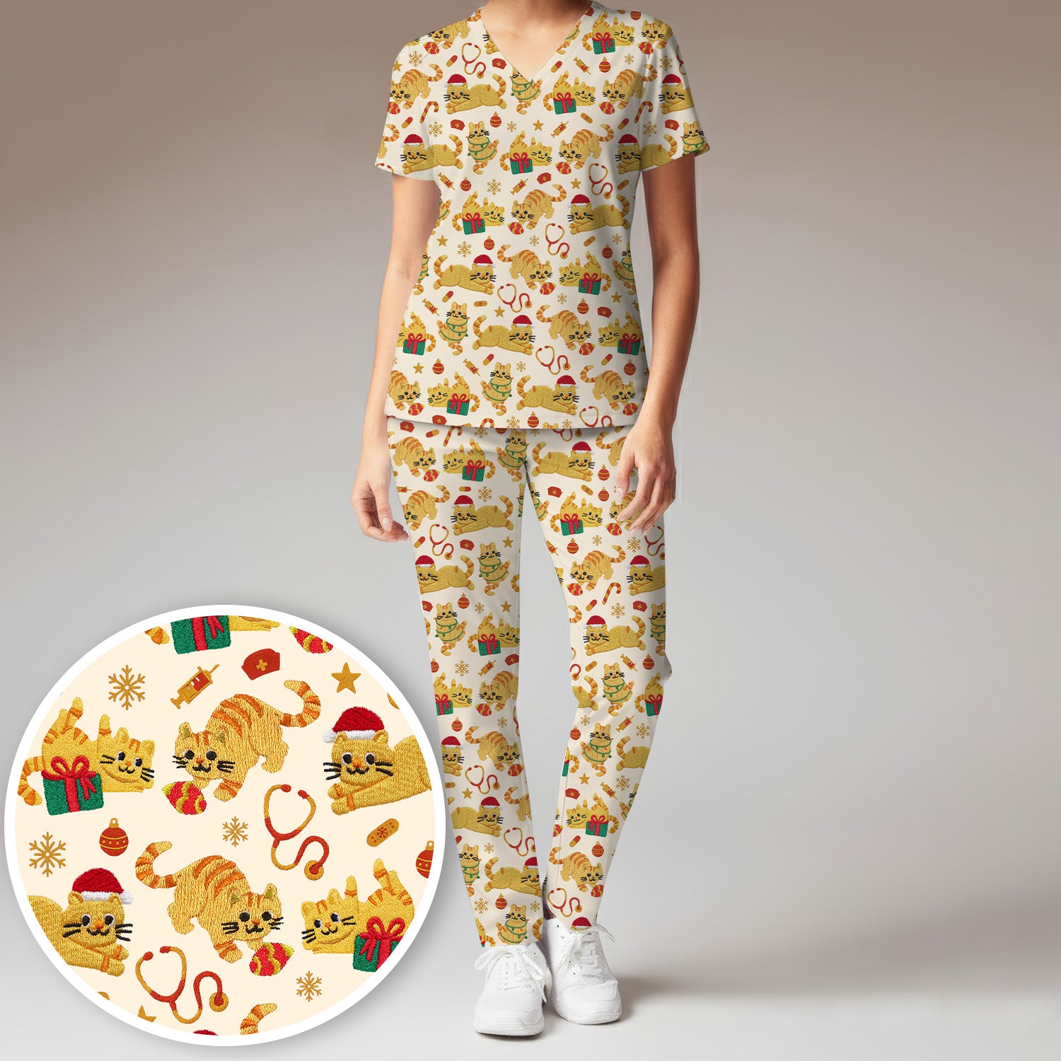 Christmas Cat Nurse Scrub Set, Cute Holiday Kitty Medical Uniform For Nursing