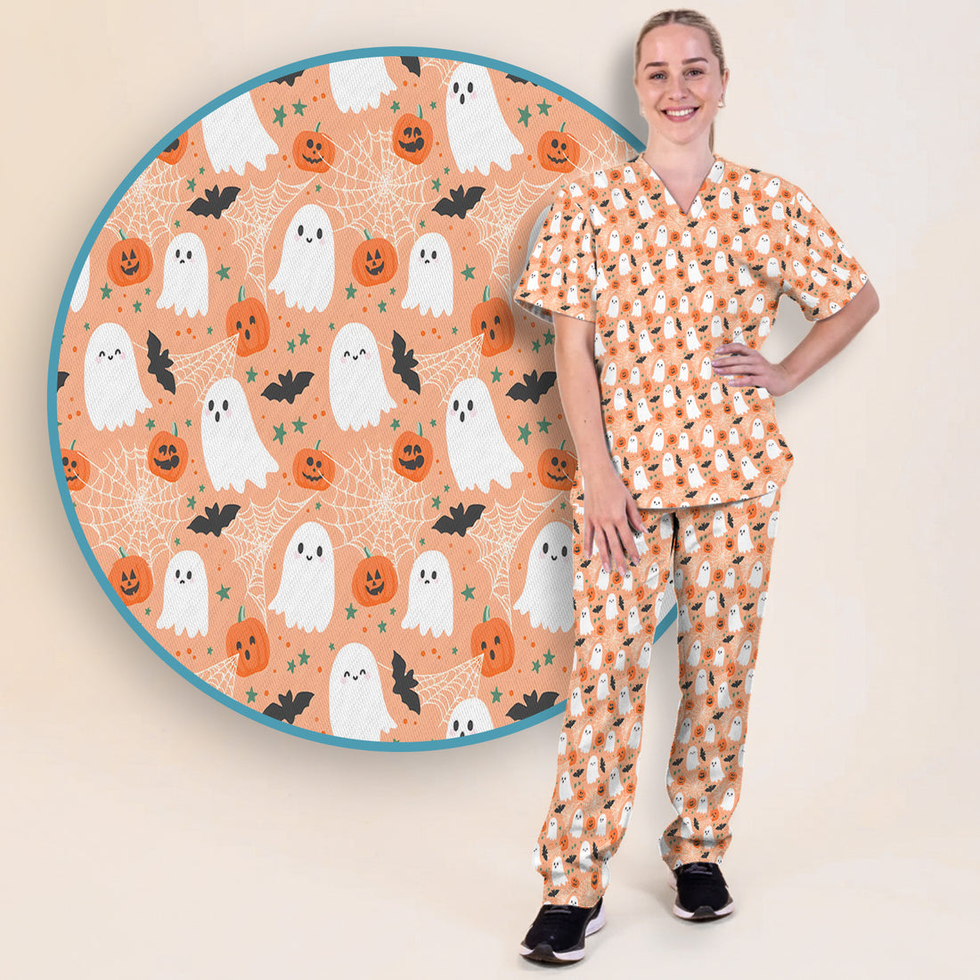 Cute Halloween Ghost And Pumpkin Scrub Set, Scrub Pants and V Neck Top