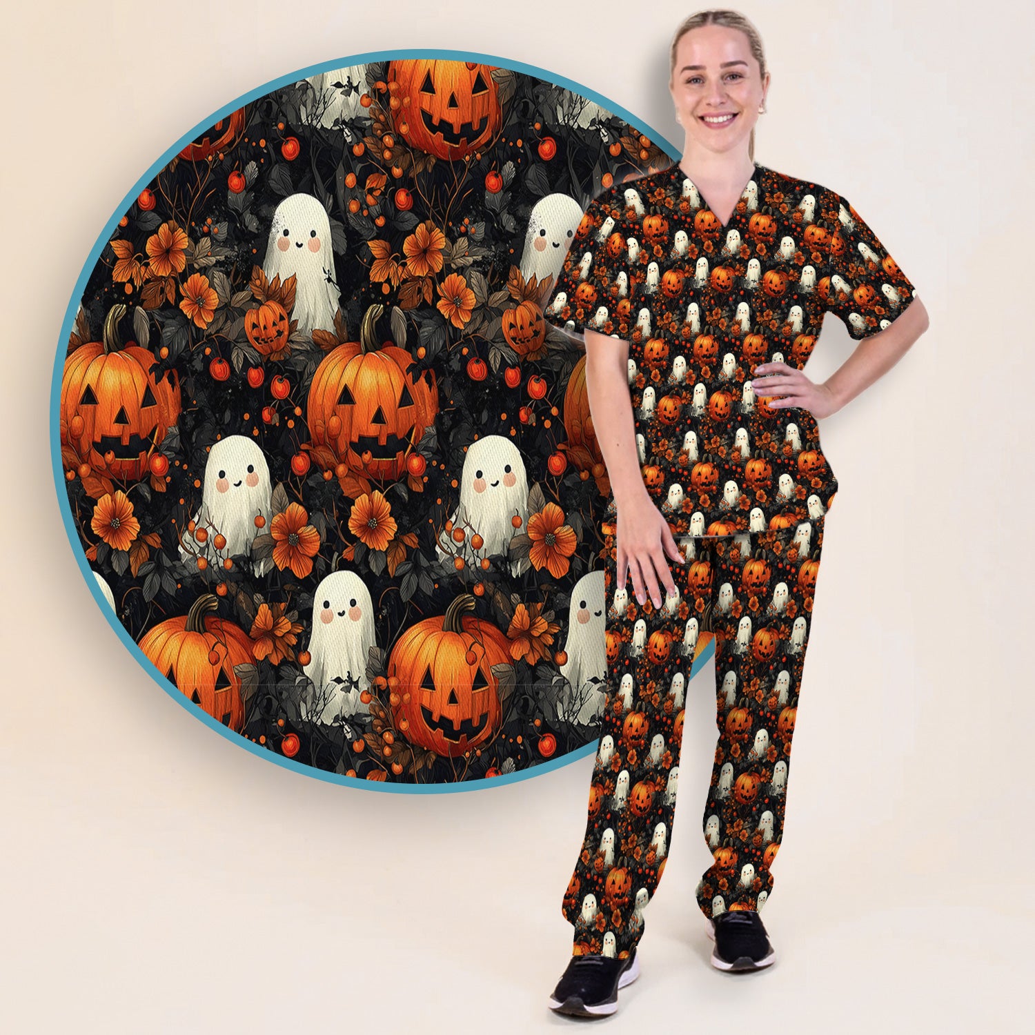 Spooky Halloween Ghost And Pumpkin Pattern Scrub Set, Scrub Pants and V Neck Top