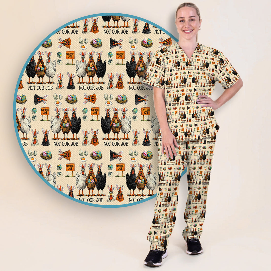 Funny Easter Chicken Humor Pattern Scrub Set, Scrub Pants and V Neck Top