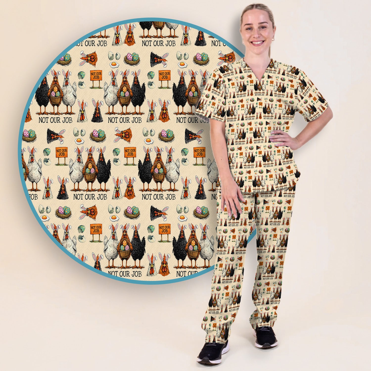 Funny Easter Chicken Humor Pattern Scrub Set, Scrub Pants and V Neck Top