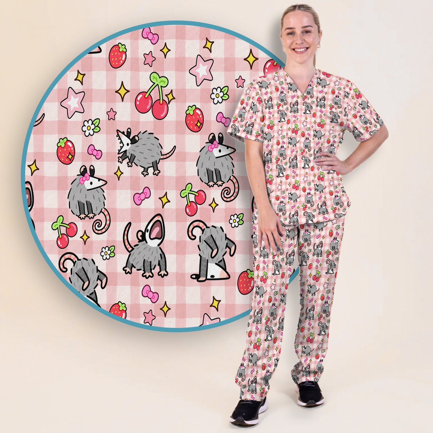 Cute Opossum And Cherries Gingham Pattern Scrub Set, Scrub Pants and V Neck Top