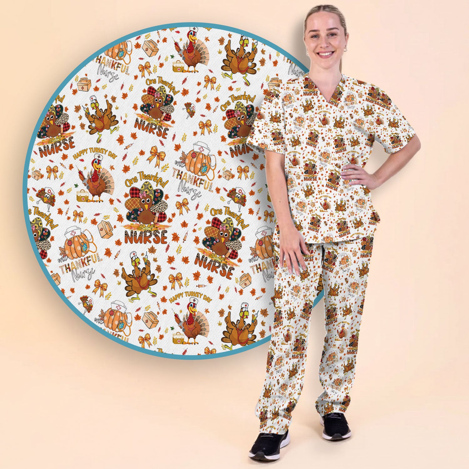 Thanksgiving Scrub Set for Women - Turkey Pumpkin Scrub Top and Pants for Nurses - Fall Med Uniform for RN CNA LPN