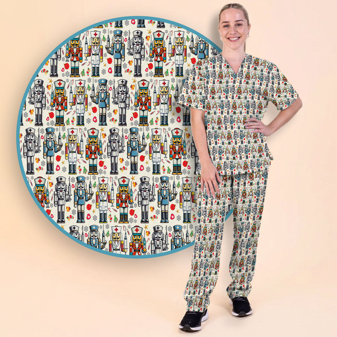 Funny Nutcracker Christmas Scrub Set – Cute Holiday Nurse Pattern Shirt – Festive Medical Uniform for RN, LPN, CNA, and Healthcare Workers
