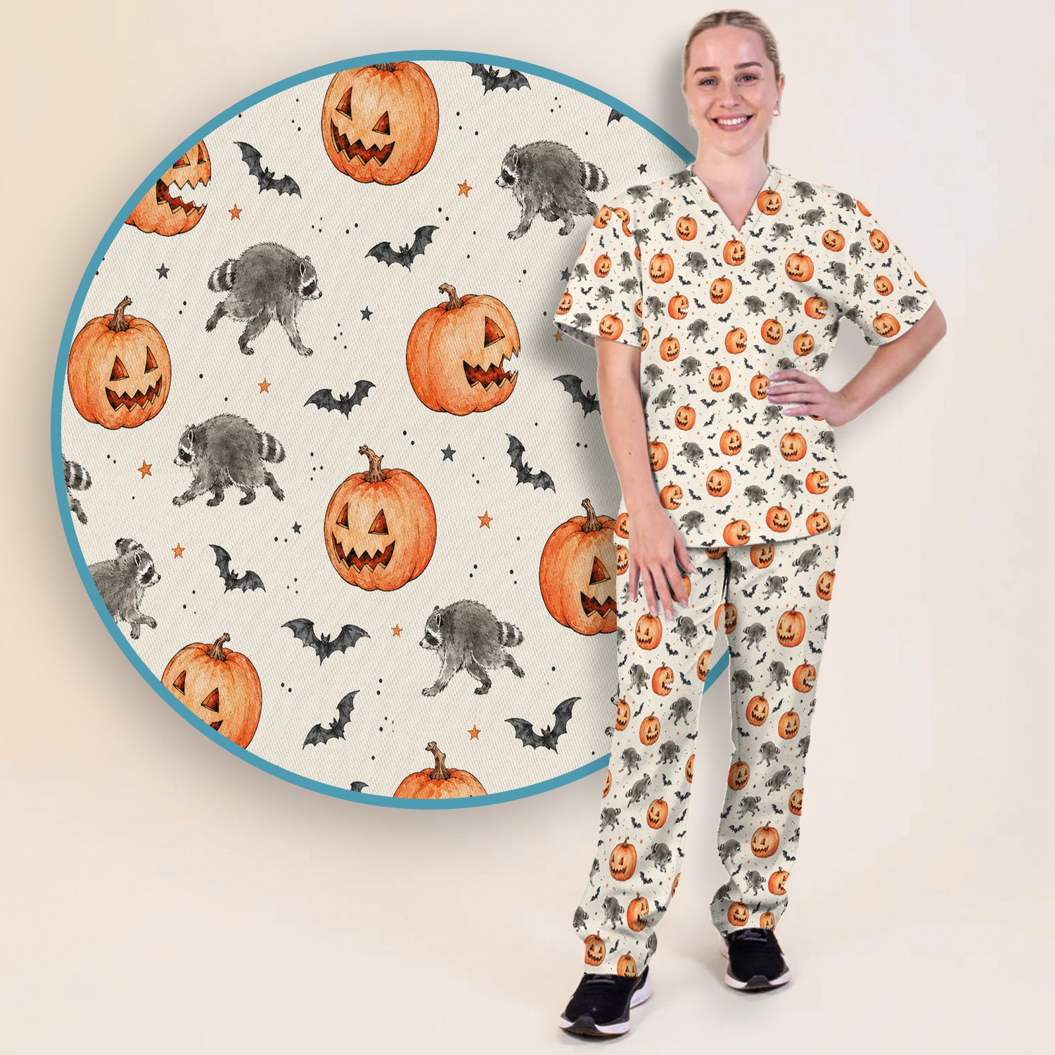 Spooky Halloween Raccoon And Pumpkin Scrub Set, Scrub Pants and V Neck Top