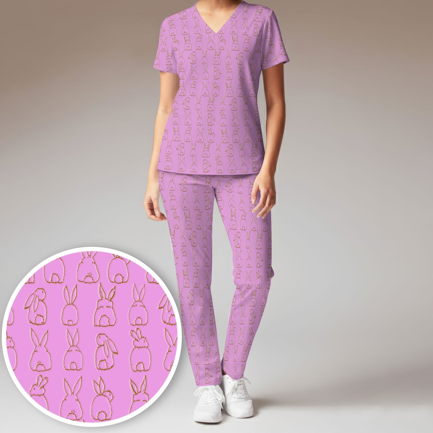 Cartoon Bunny Line Art Pattern Medical Scrub Set, Breathable Med Uniform