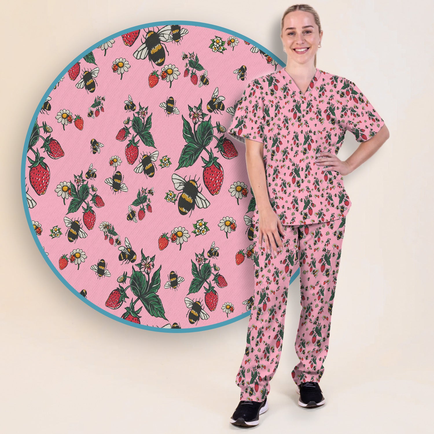 Cute Strawberry Bee Daisy Floral Pattern Scrub Set, Scrub Pants and V Neck Top