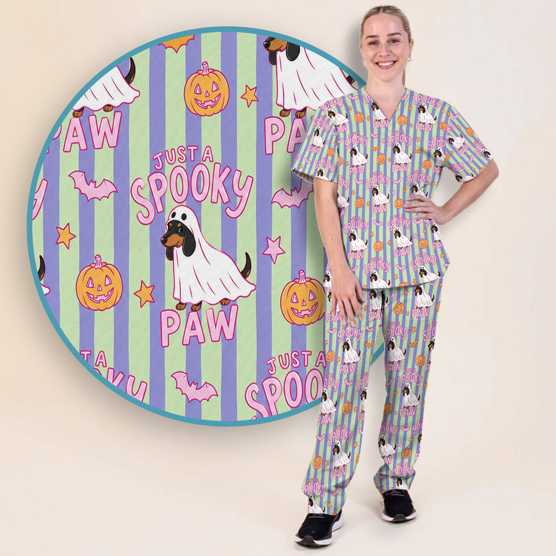 Just A Spooky Dachshund Paw Print Scrub Set, Scrub Pants and V Neck Top