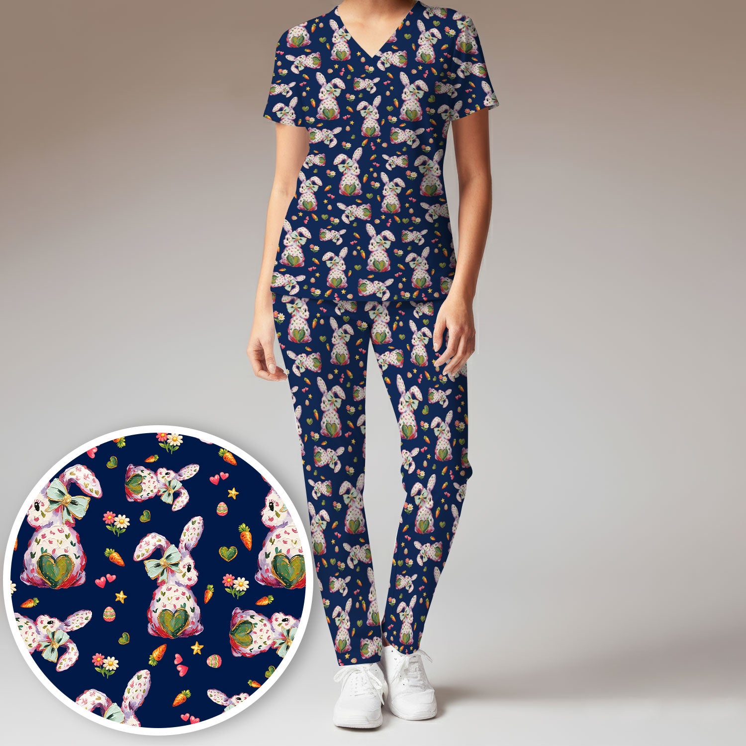 Cute Pastel Bunny Easter Pattern Scrub Set, Scrub Pants and V Neck Top