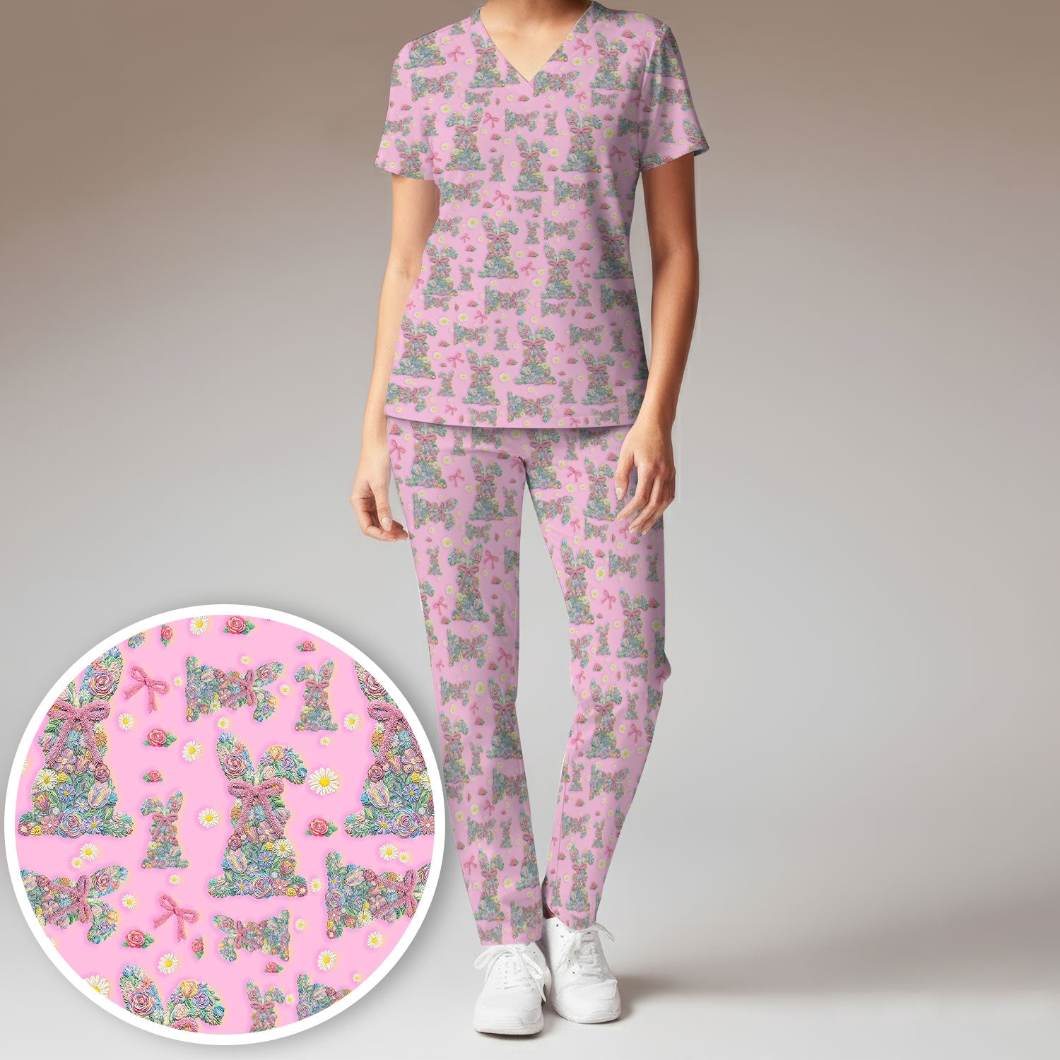 Colorful Floral Bunny with Pink Bow Pattern Scrub Set, Breathable Med Uniform