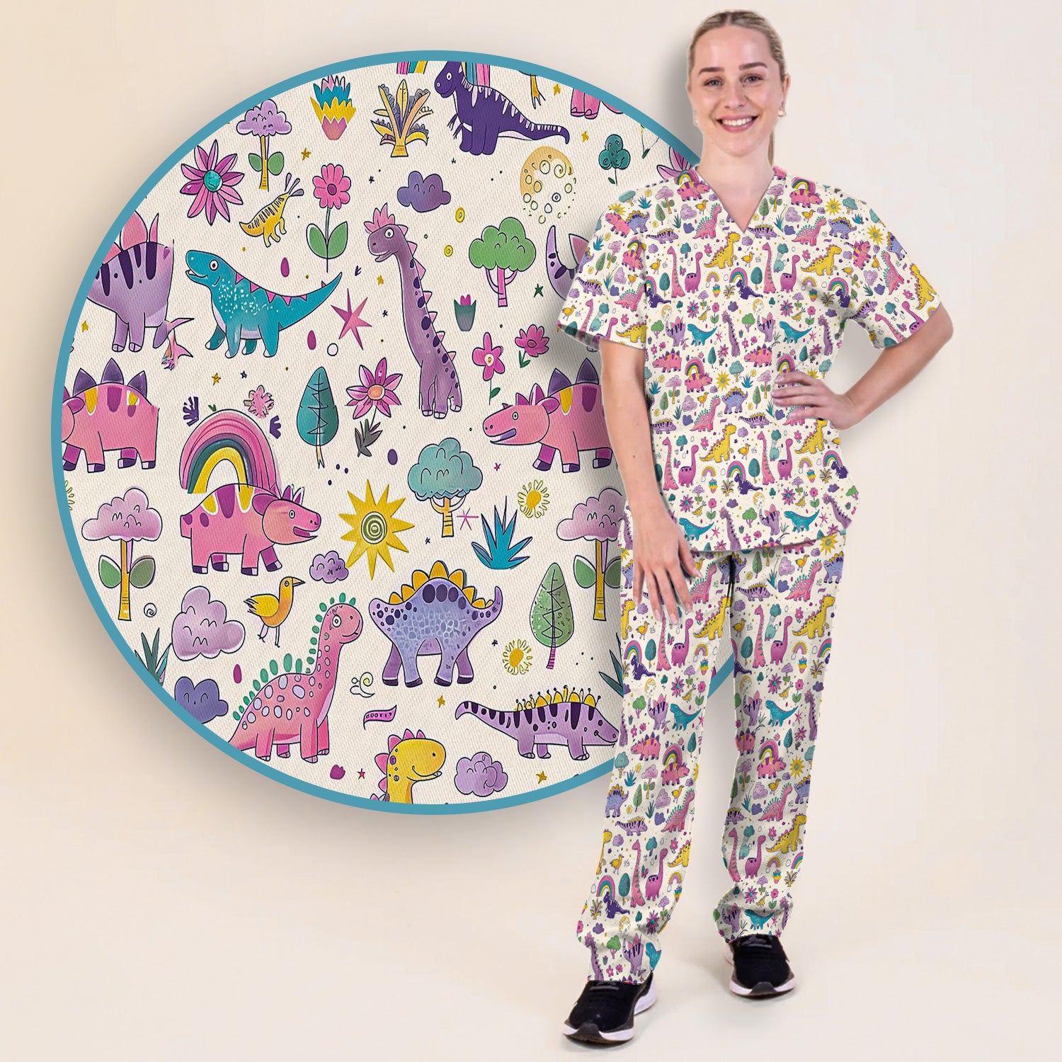 Cute Dinosaur Rainbow Pattern Scrub Set, Scrub Pants and V Neck Top