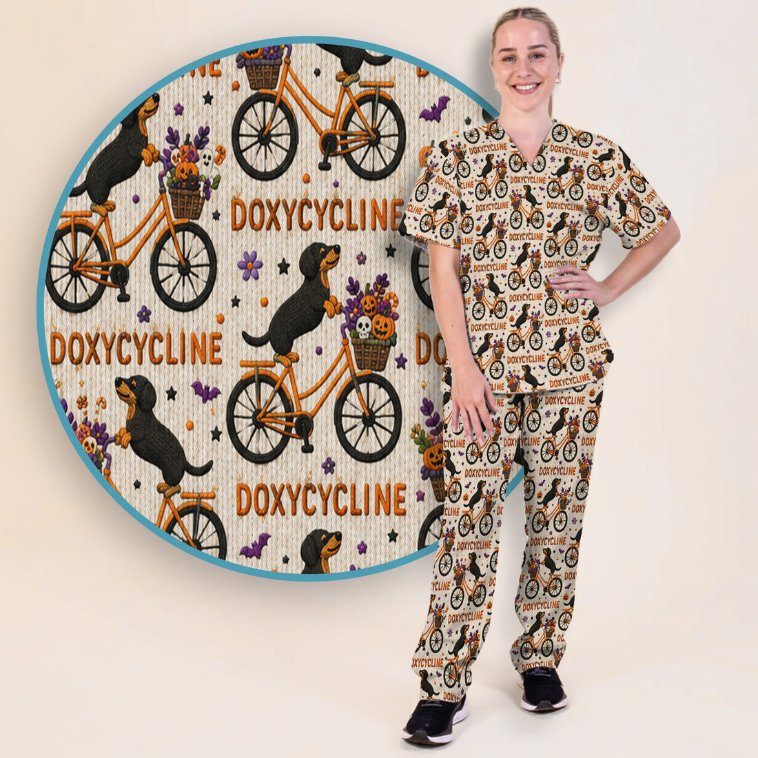 Halloween Dachshund with Doxycycline Bike Print Scrub Set, Scrub Pants and V Neck Top