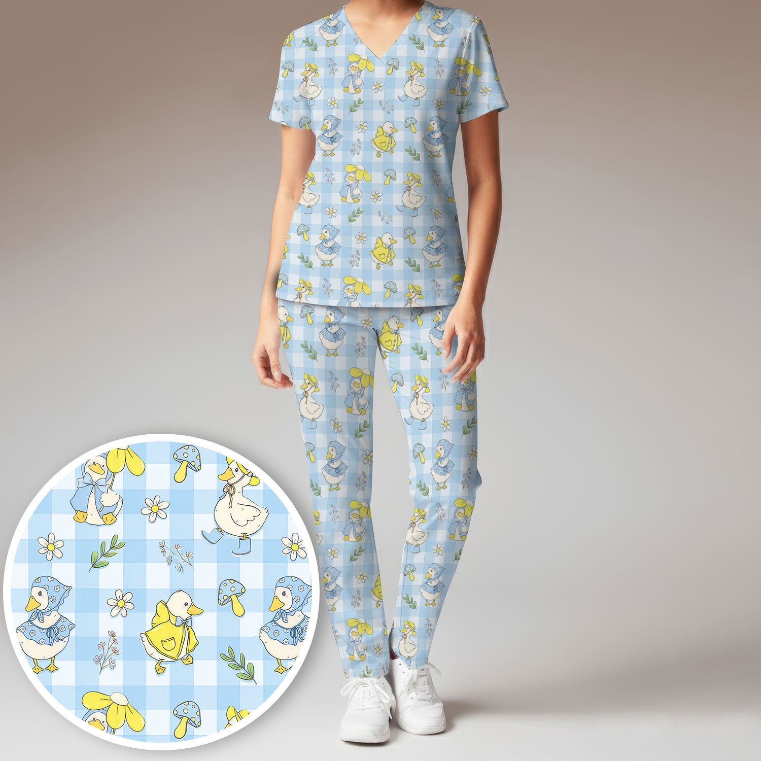 Cute Duck Outfit Gingham Pattern Scrub Set, Scrub Pants and V Neck Top