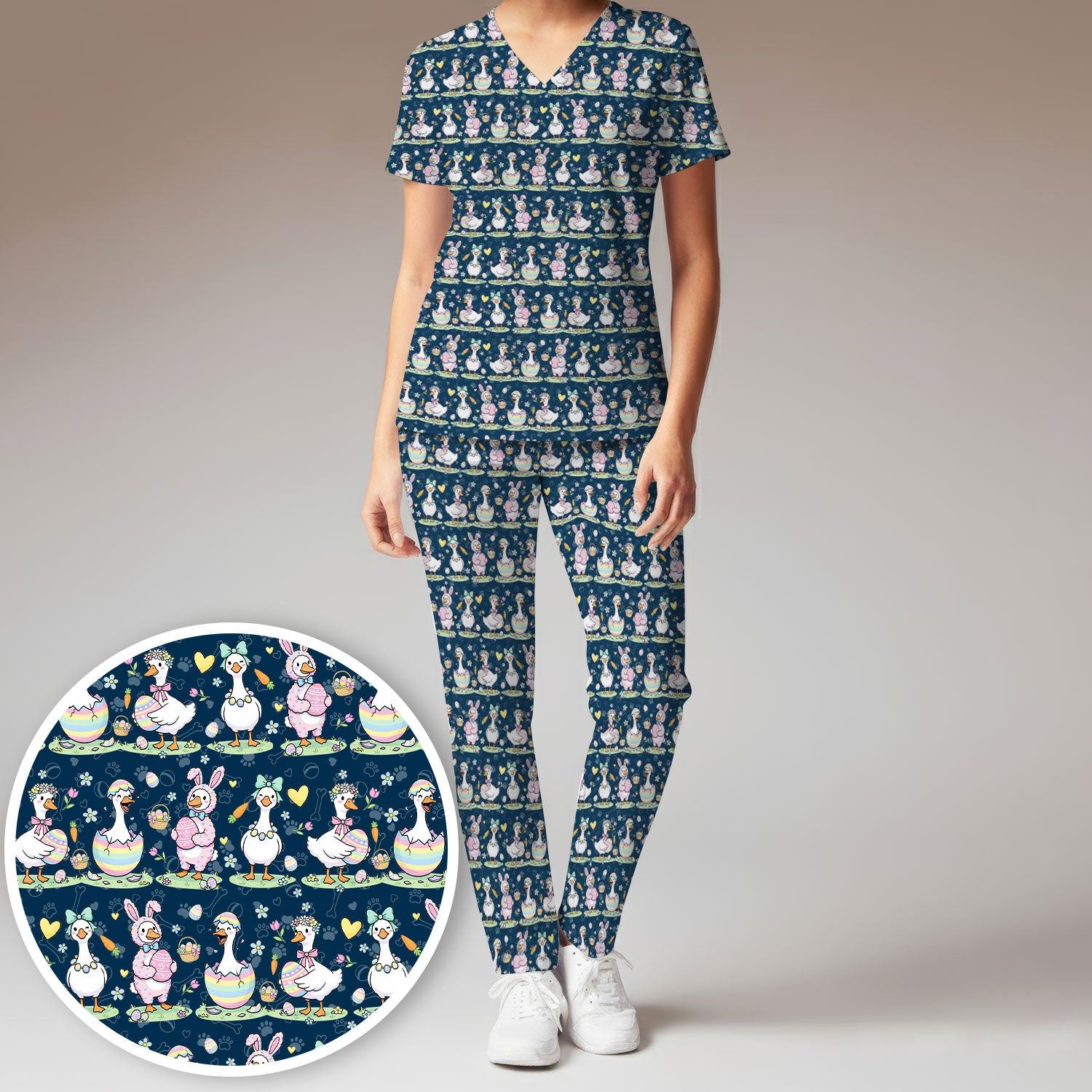 Spring Easter Goose and Bunny Print Scrub Set, Breathable Med Uniform