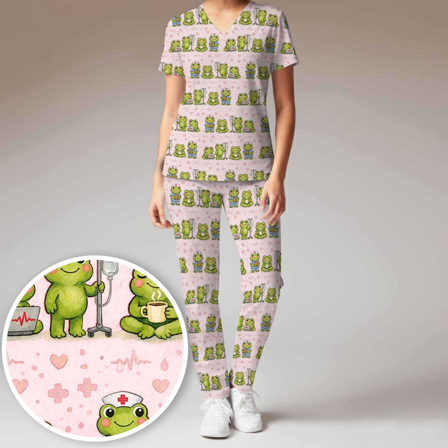 Adorable Frog Nurse Various Poses Print Scrub Set, Breathable Med Uniform