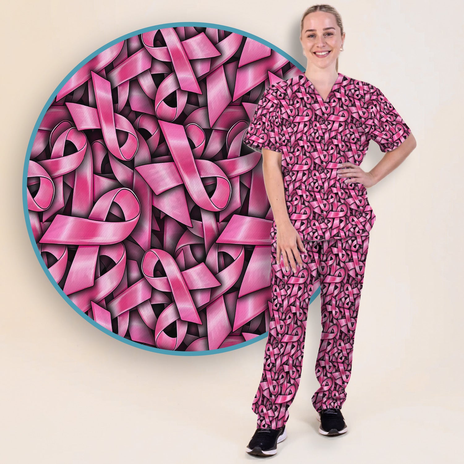 Breast Cancer Awareness Ribbon Oncology Scrub Set, Scrub Pants and V Neck Top