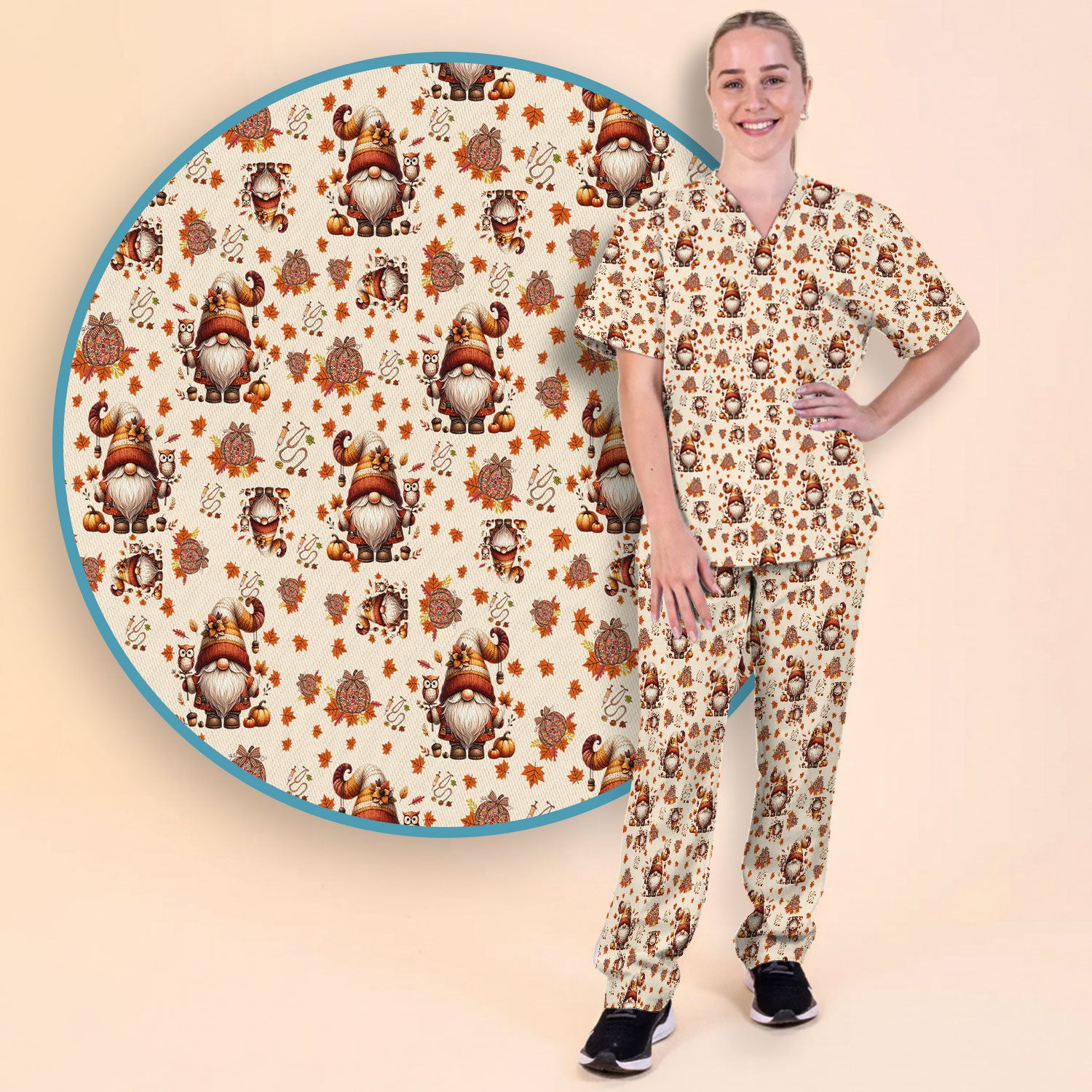 Autumn Leaves Pumpkin Scrubs Set for Women - Gnome Scrubs for Nurse Mama - Breathable Fabrics Nursing Uniform