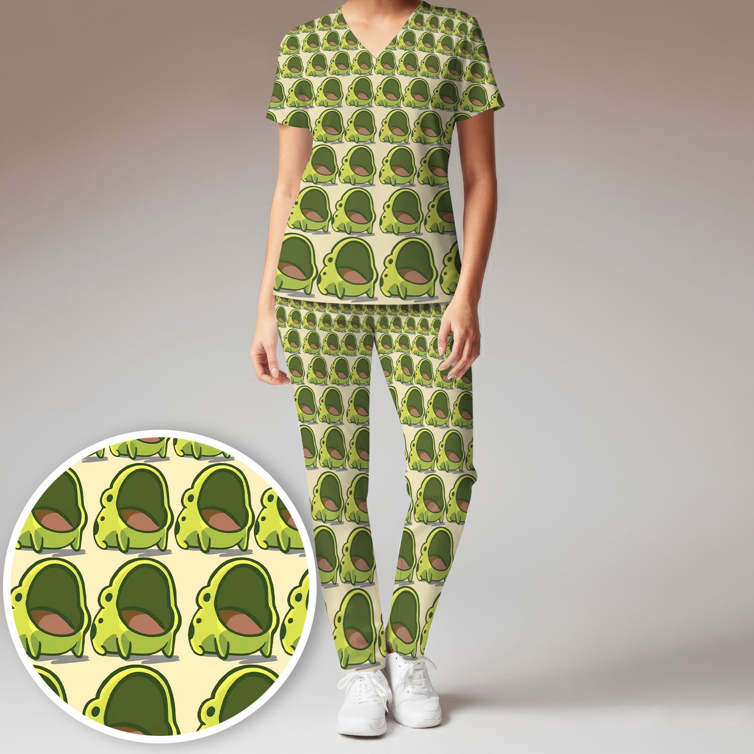 Cute Green Frog Cartoon Print Scrub Set, Scrub Pants and V Neck Top