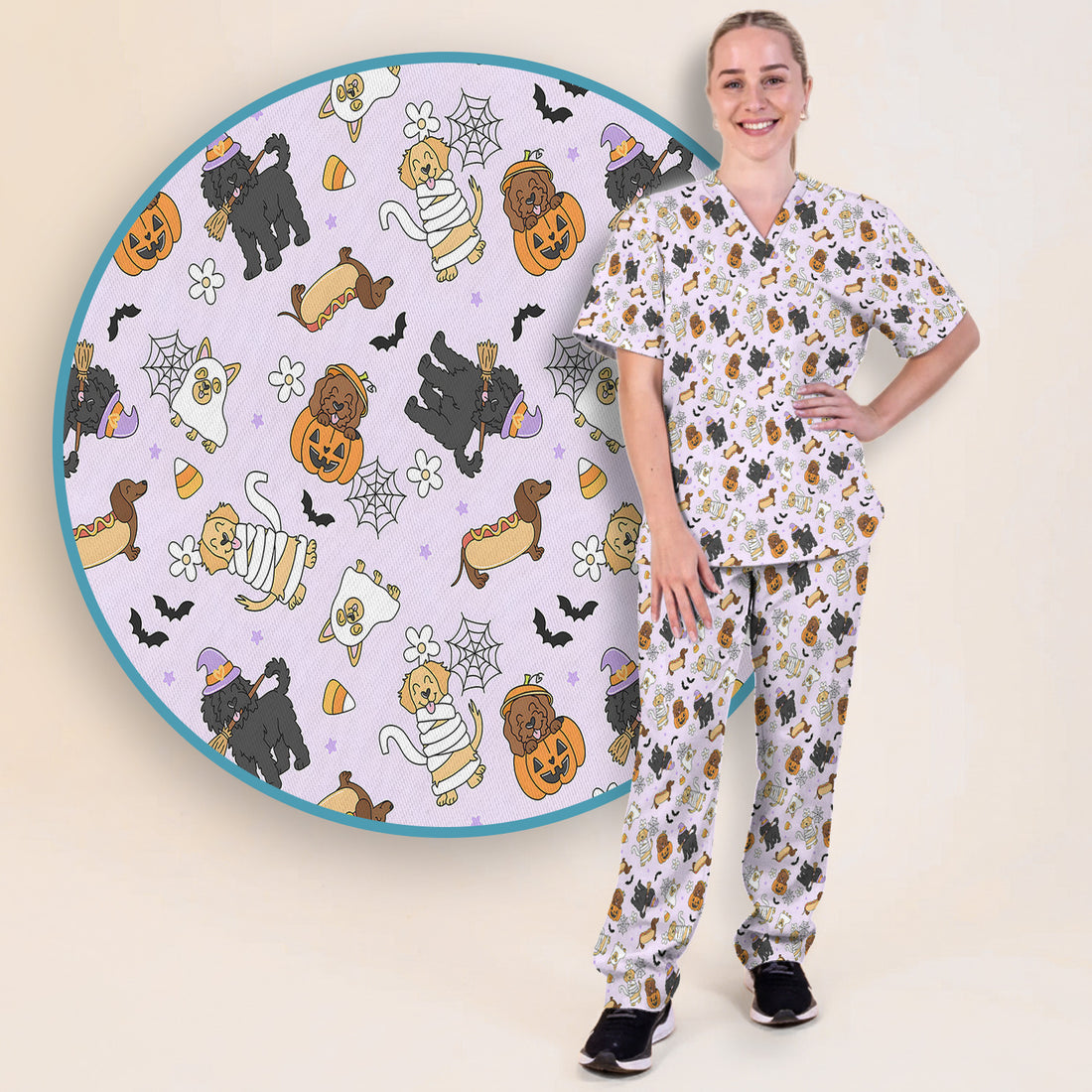 Cute Halloween Costumed Pets Scrub Set, Scrub Pants and V Neck Top