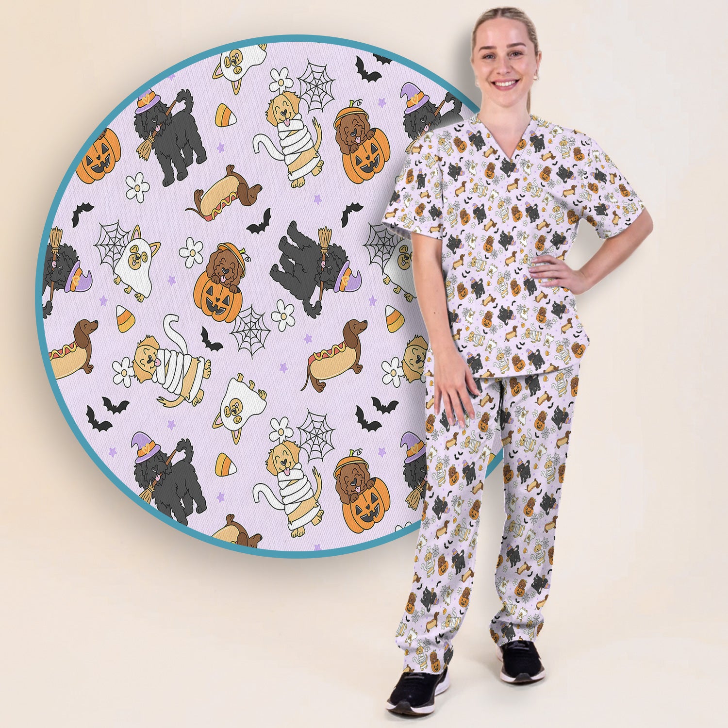 Cute Halloween Costumed Pets Scrub Set, Scrub Pants and V Neck Top
