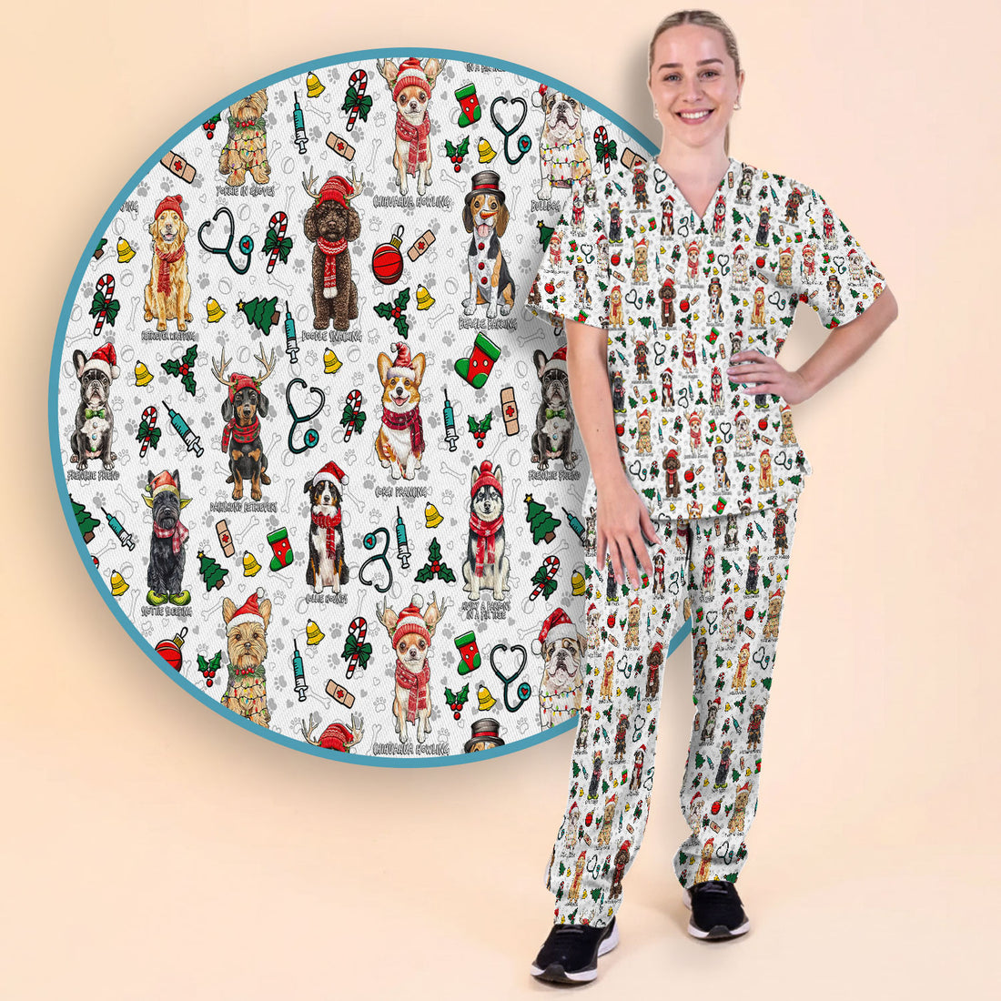 Cute Christmas Dog Scrubs Sets for Nurses - Corgi, Dachshund, Husky, Poodle & Labrador - Funny Holiday Medical Uniform for RN CNA LPN