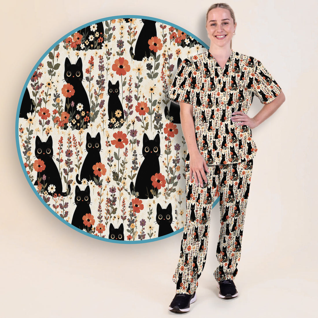 Cute Black Cat Wildflower Pattern Scrub Set, Scrub Pants and V Neck Top
