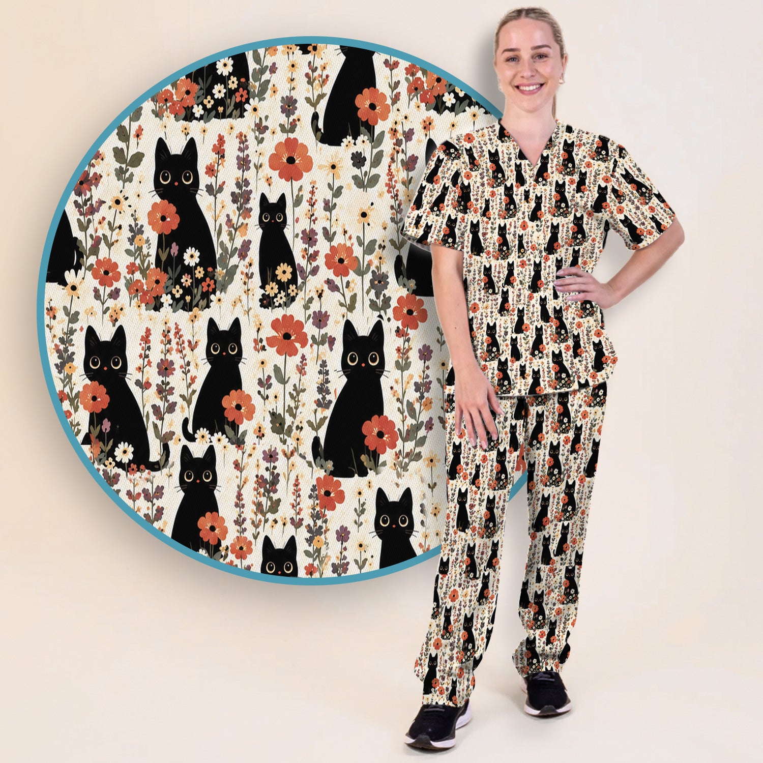 Cute Black Cat Wildflower Pattern Scrub Set, Scrub Pants and V Neck Top