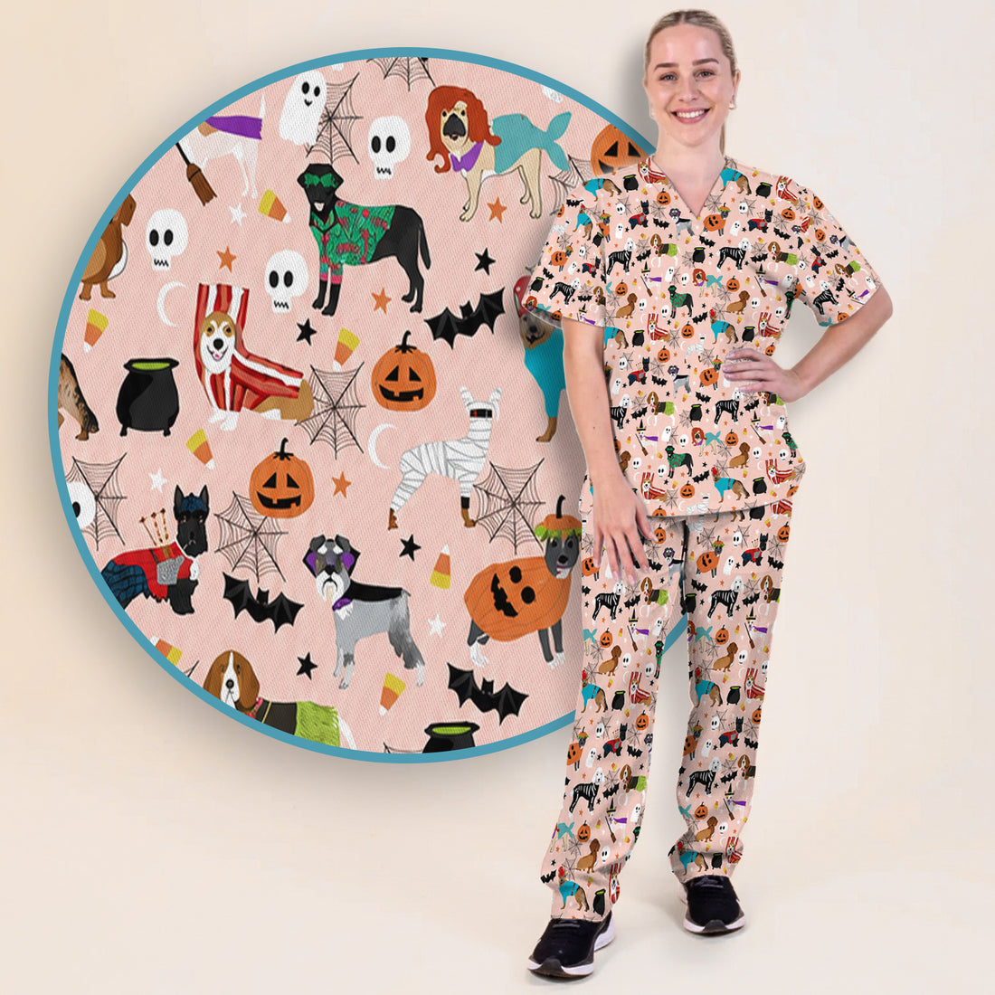 Halloween Costume Dogs Scrub Set, Scrub Pants and V Neck Top