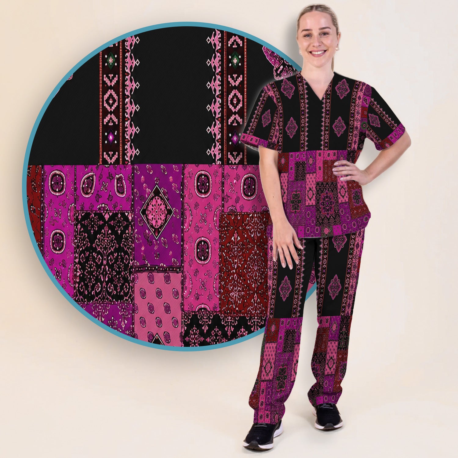 Boho Pink Bandana Patchwork Pattern Scrub Set, Scrub Pants and V Neck Top