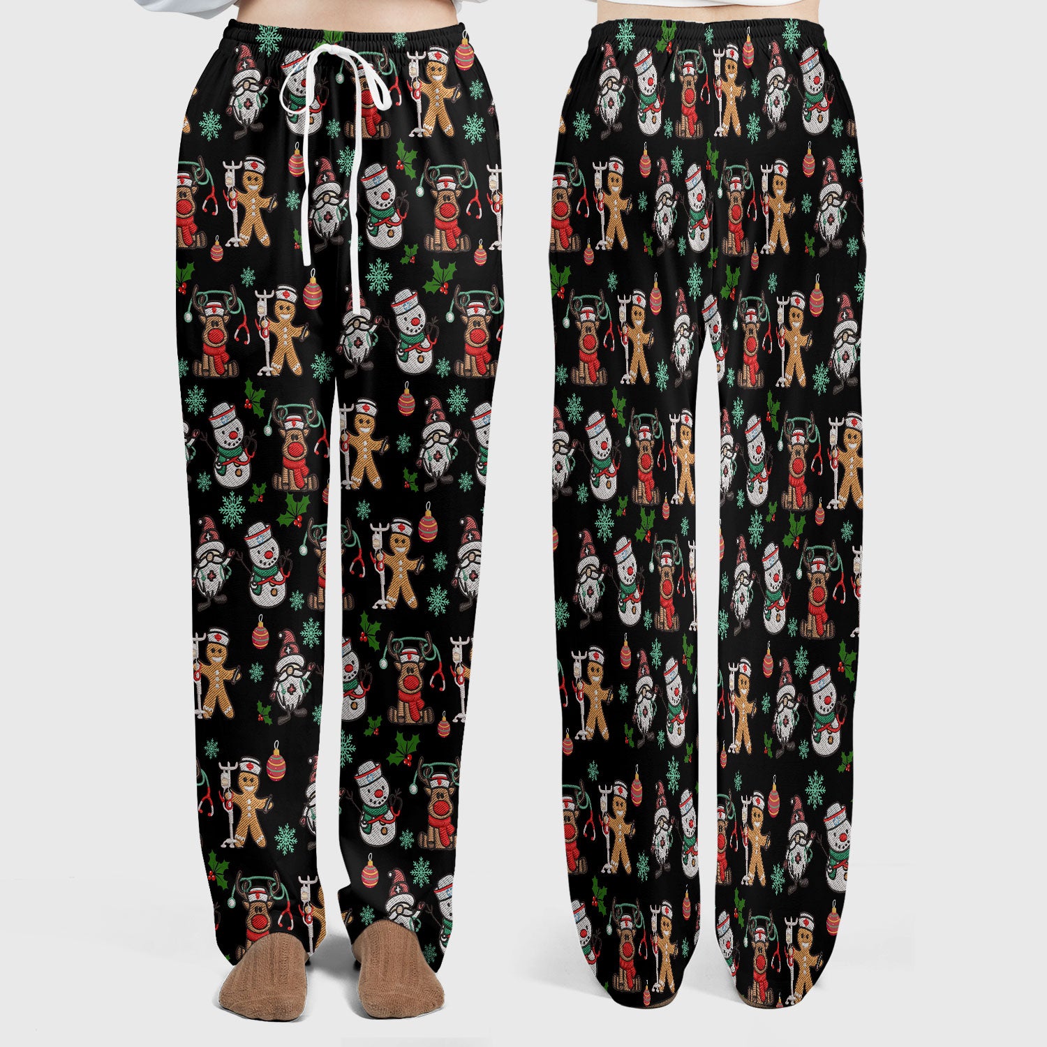 Christmas Gingerbread Scrubs Set for Women - Comfortable Scrubs for Nurses - Reindeer Santa Pants and V Neck Top