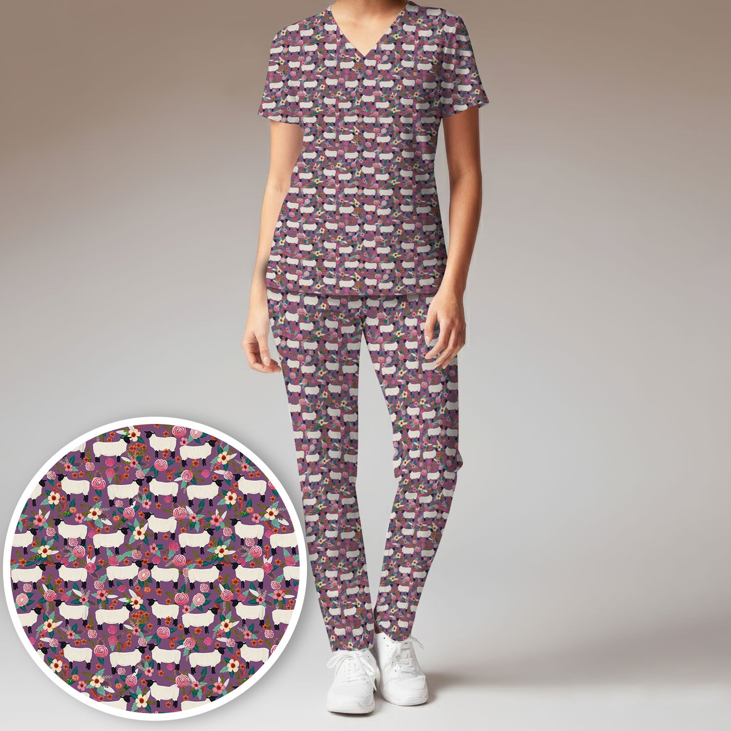 Cute Sheep Floral Meadow Pattern Scrub Set, Nurse Uniform Scrubs Set