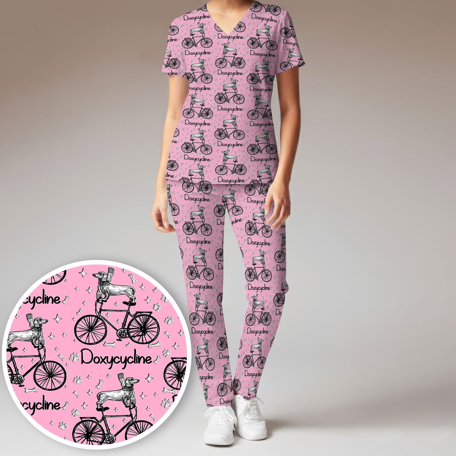 Funny Doxycycline Dog Bicycle Print Scrub Set, Scrub Pants and V Neck Top