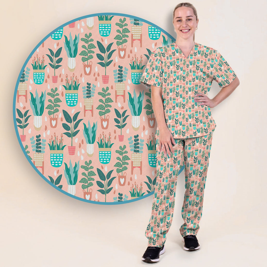 Potted Houseplant Leaves Pattern Scrub Set, Scrub Pants and V Neck Top