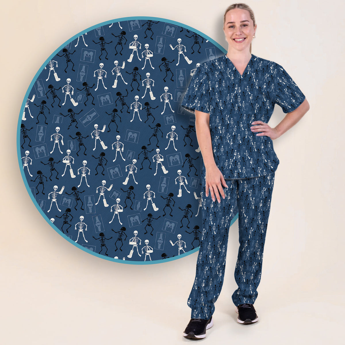Halloween Orthopedic Skeleton Scrub Set, Scrub Pants and V Neck Top for Orthopedic Nurses