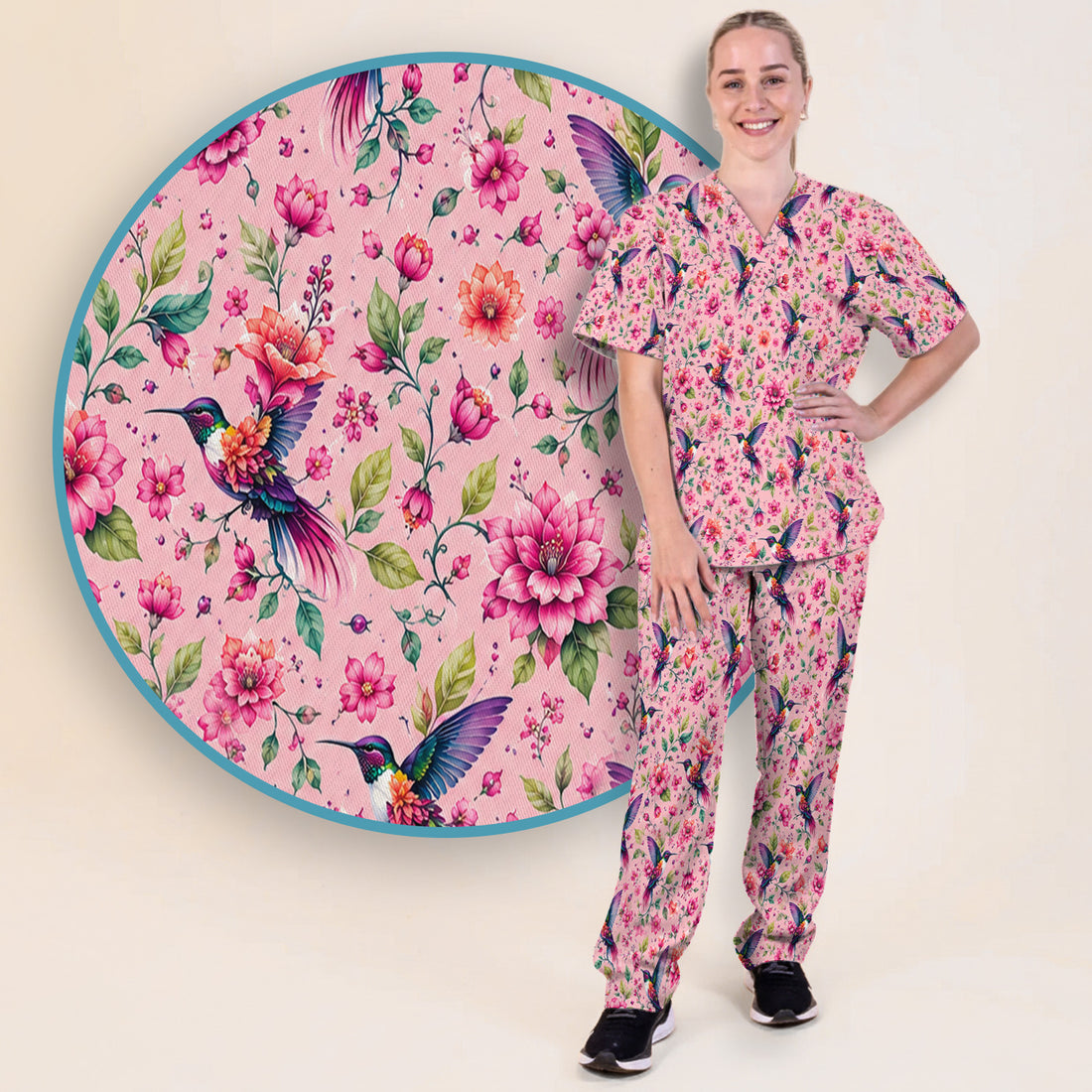 Pink Hummingbird Floral Garden Pattern Scrub Set, Scrub Pants and V Neck Top